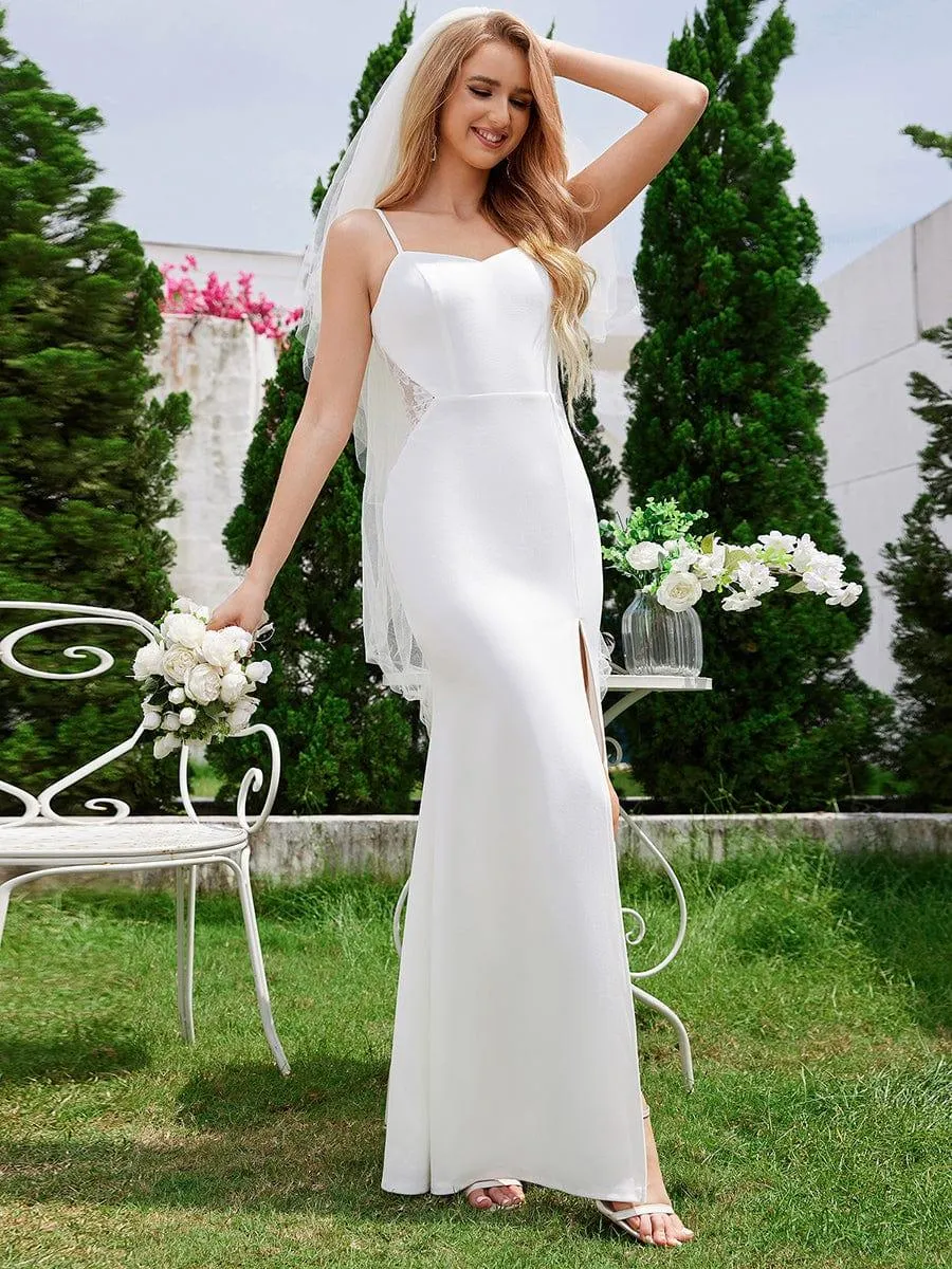 Robe de mariée sirène sans manches à fente haute et taille en dentelle chérie