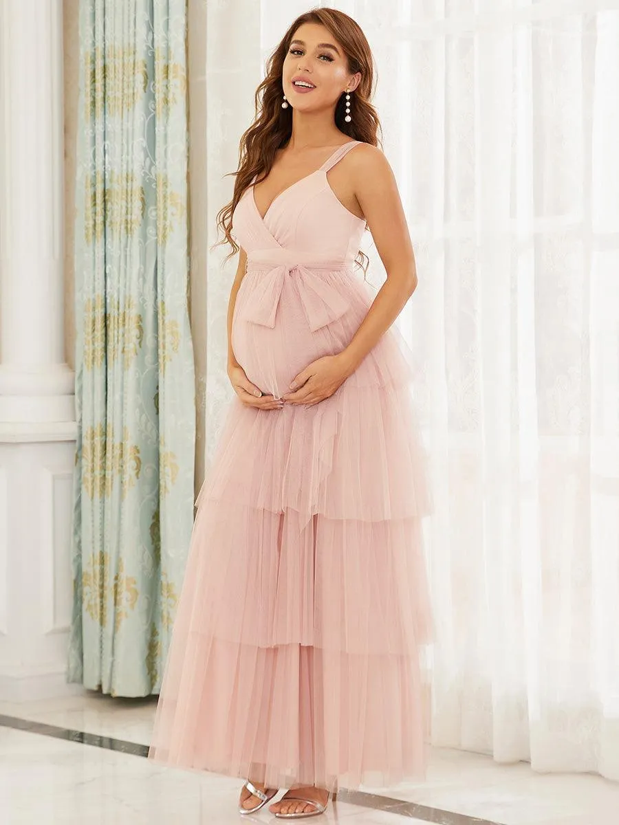 Robe de maternité longue en tulle à col en V sans manches à taille empire(Vente finale)
