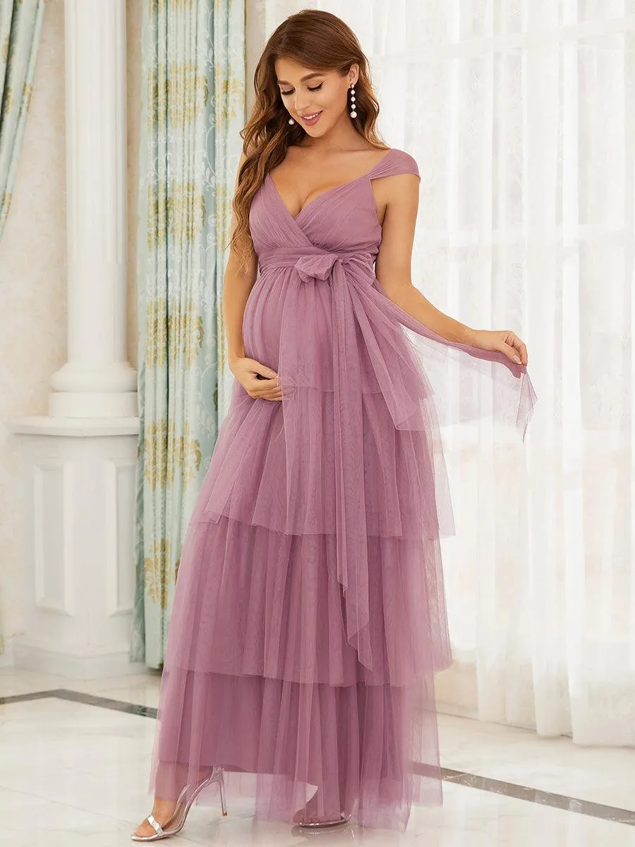Robe de maternité longue en tulle à col en V sans manches à taille empire(Vente finale)
