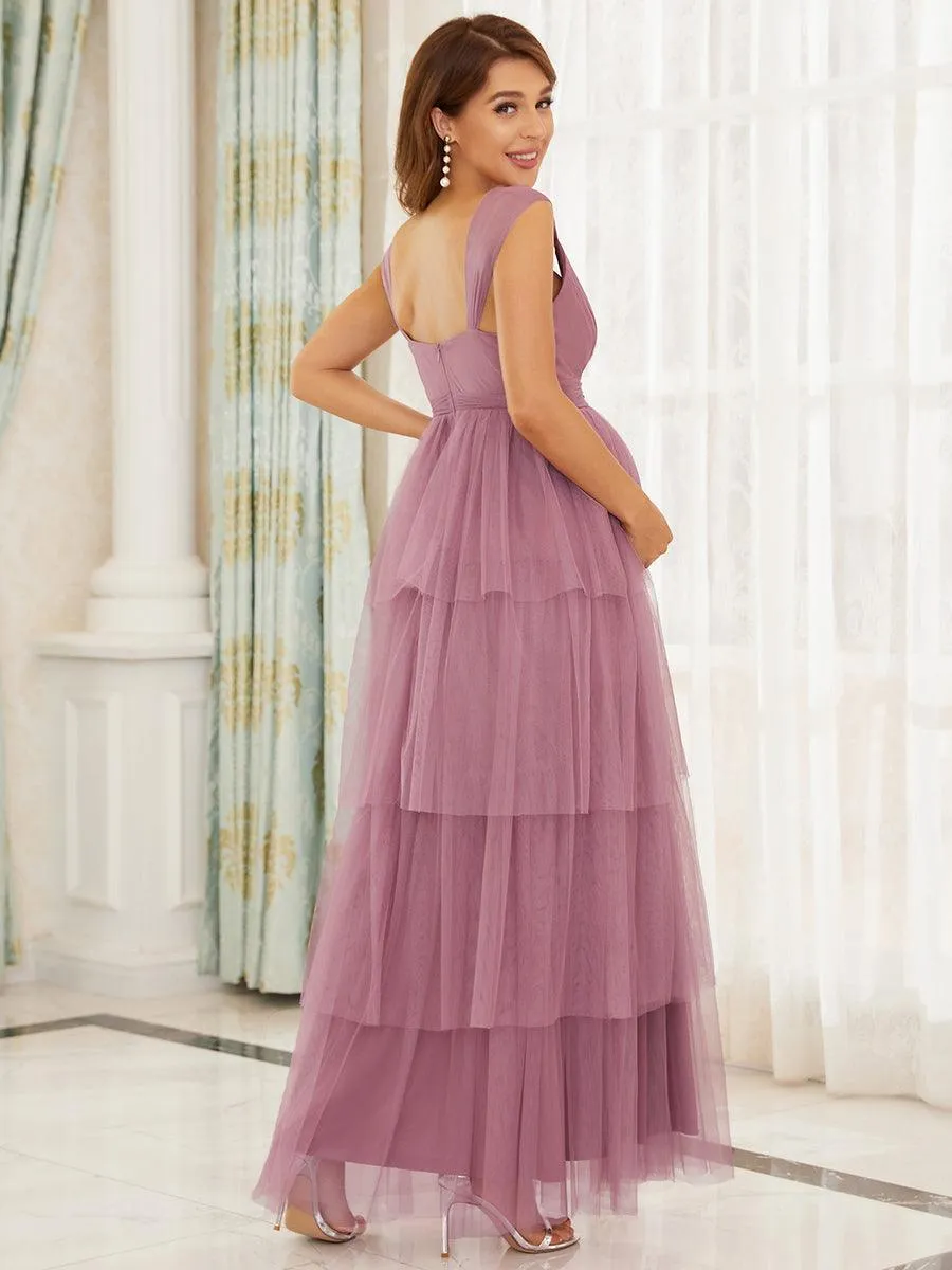 Robe de maternité longue en tulle à col en V sans manches à taille empire(Vente finale)
