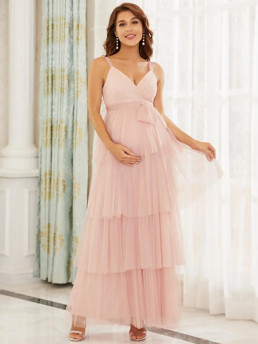 Robe de maternité longue en tulle à col en V sans manches à taille empire(Vente finale)