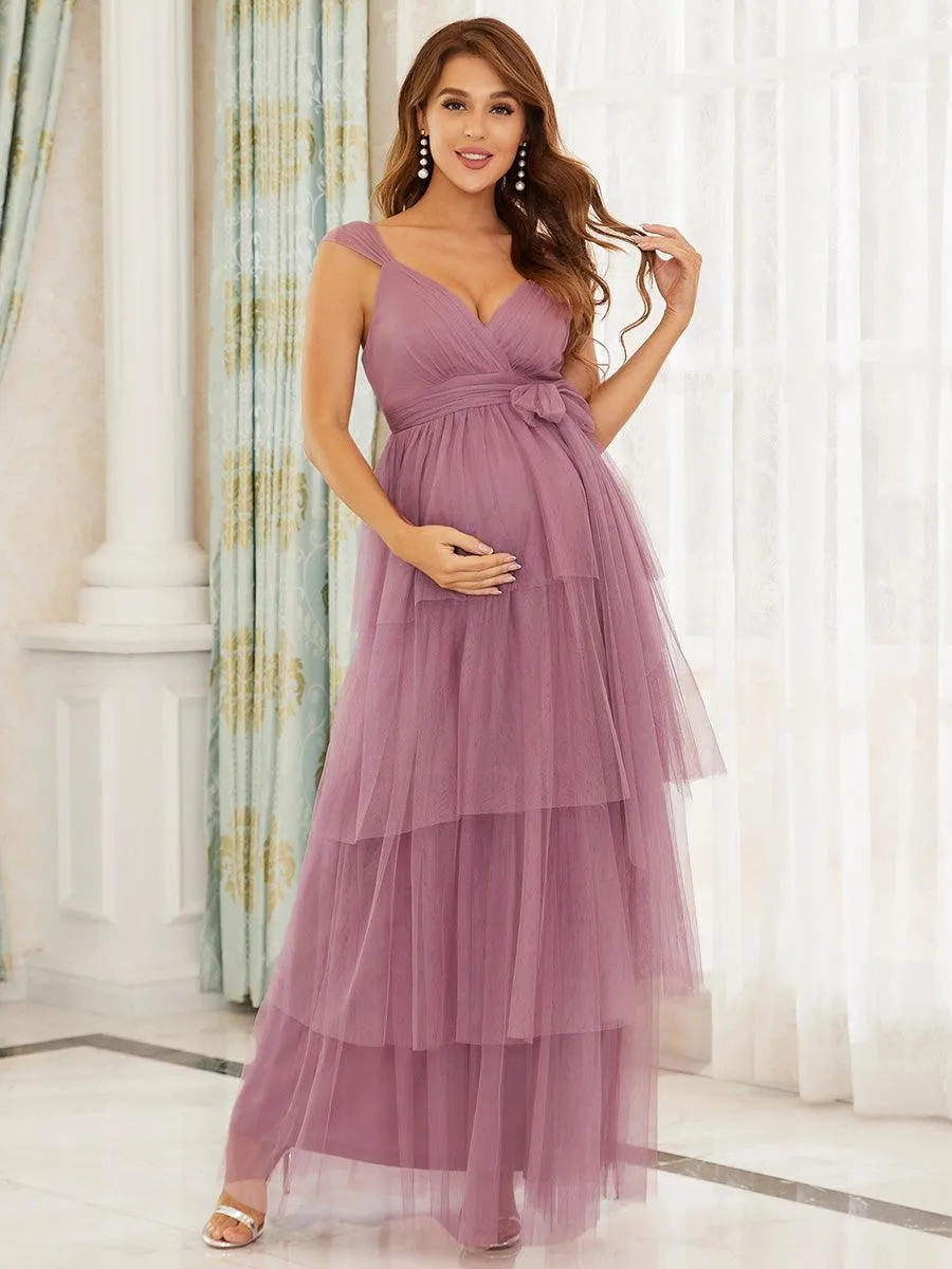 Robe de maternité longue en tulle à col en V sans manches à taille empire(Vente finale)