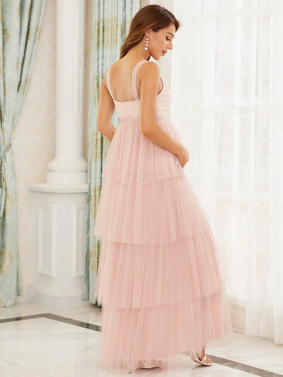 Robe de maternité longue en tulle à col en V sans manches à taille empire(Vente finale)