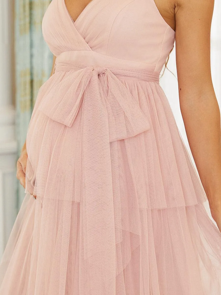 Robe de maternité longue en tulle à col en V sans manches à taille empire(Vente finale)