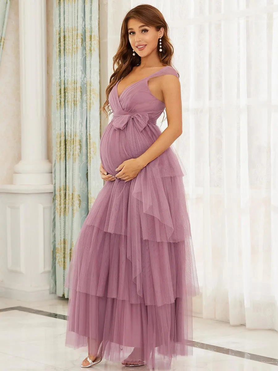 Robe de maternité longue en tulle à col en V sans manches à taille empire(Vente finale)