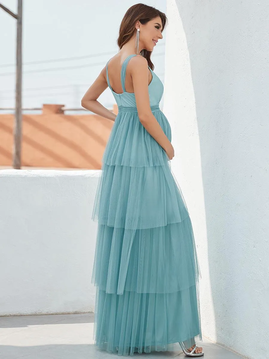 Robe de maternité longue en tulle à col en V sans manches à taille empire(Vente finale)
