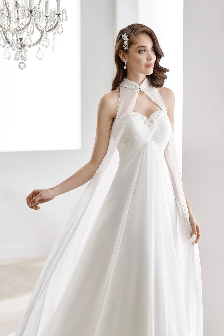 Romantic Flowy Draping Chiffon A-Line High Neck Sweetheart Empire Wedding Dress with Beaded Detail