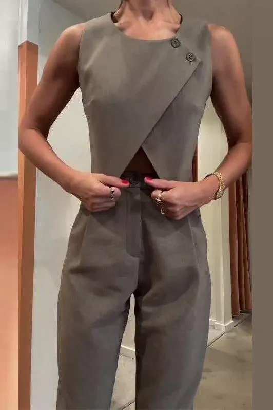 Round Neck Button Top Pant Suit