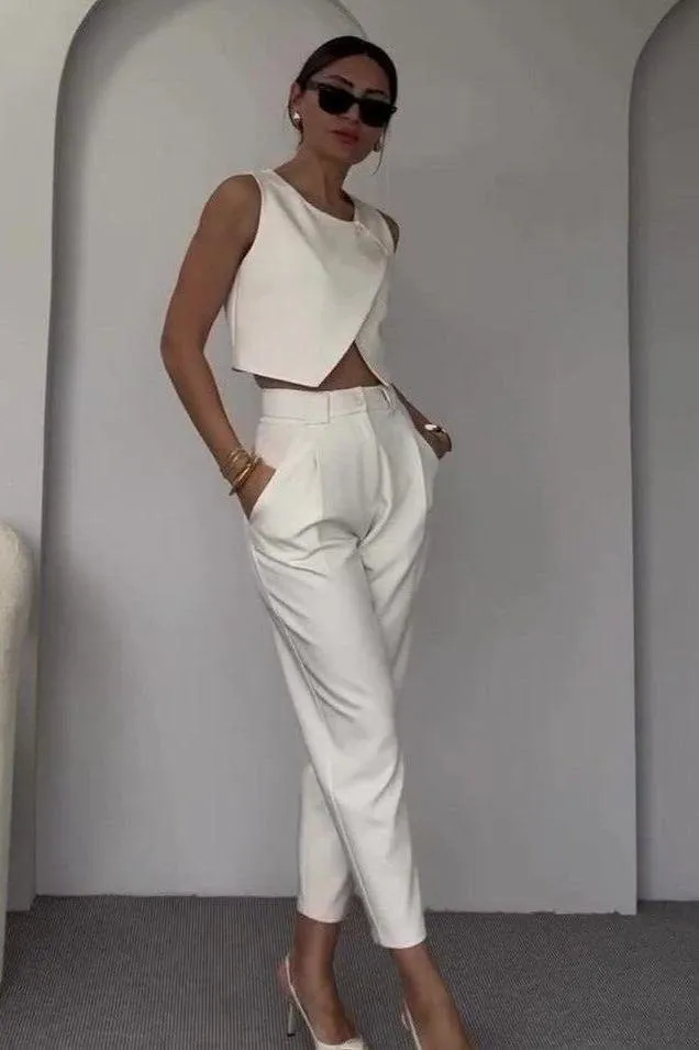 Round Neck Button Top Pant Suit