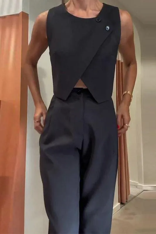 Round Neck Button Top Pant Suit