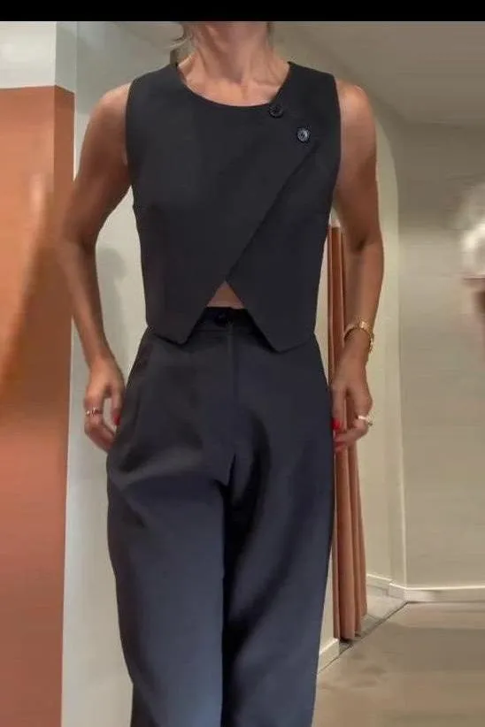 Round Neck Button Top Pant Suit