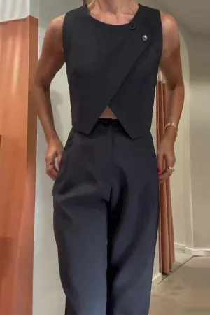 Round Neck Button Top Pant Suit