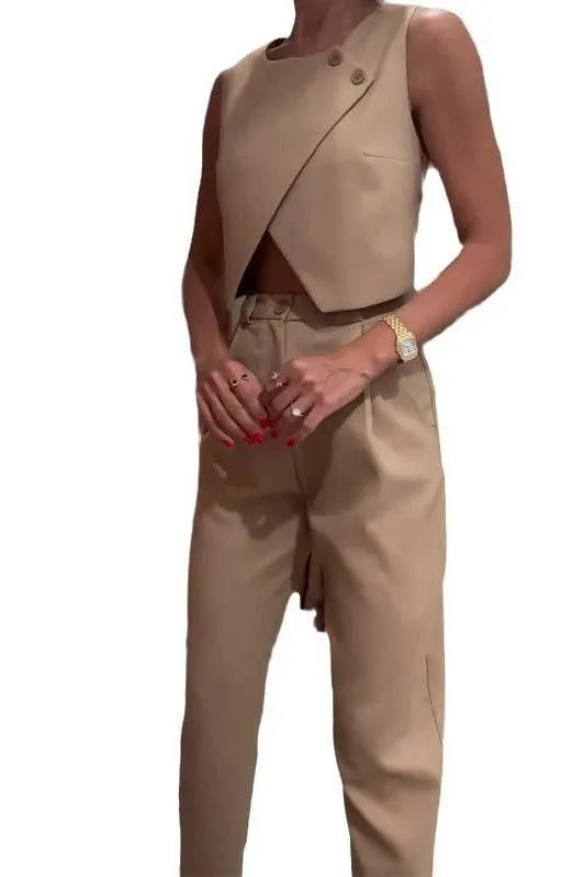 Round Neck Button Top Pant Suit