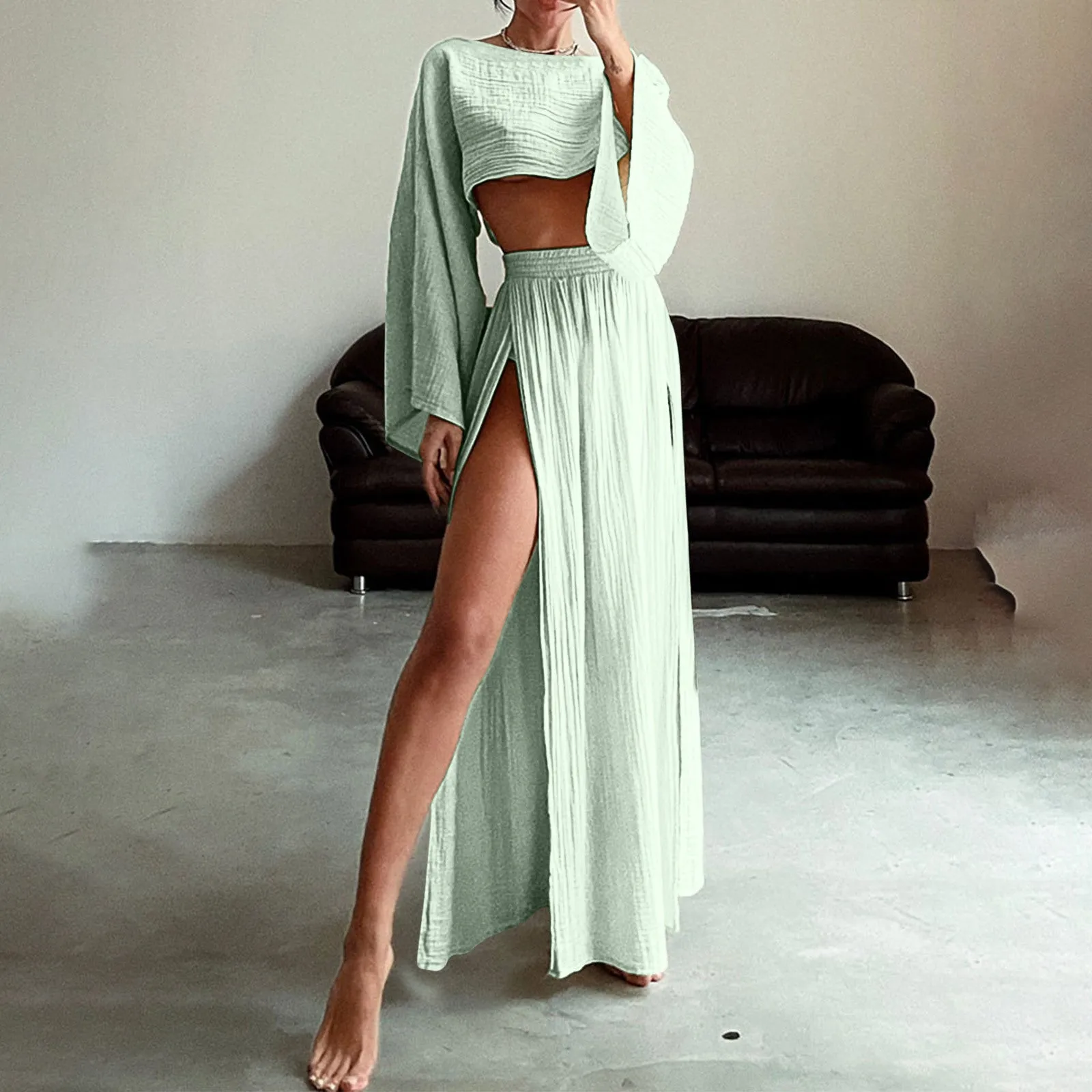 Round Neck Top Slit Skirt Two-Piece Suit