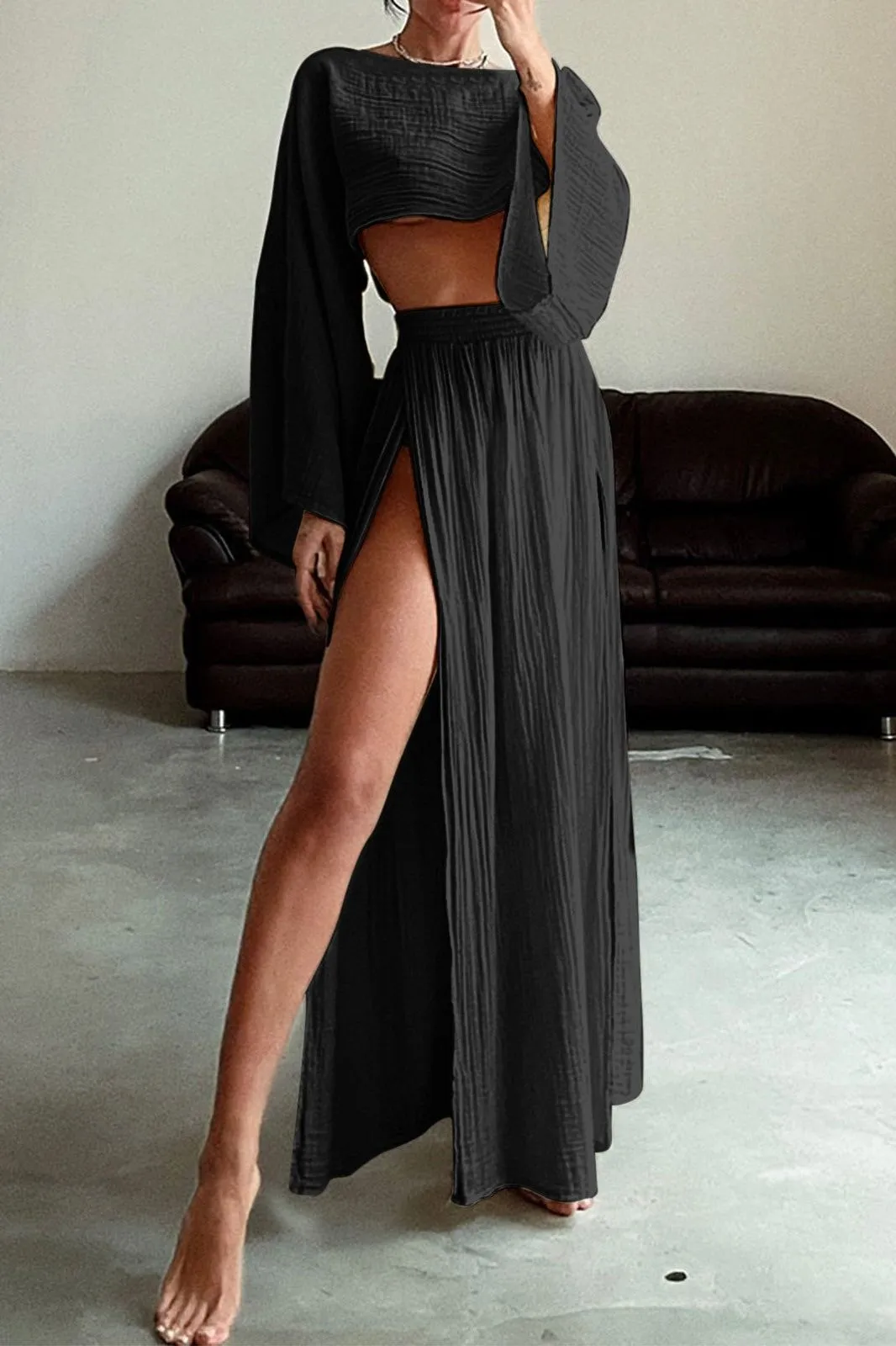 Round Neck Top Slit Skirt Two-Piece Suit