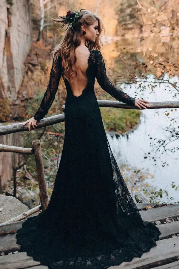 Roycebridal Black Sheath Sweetheart Long Sleeves Lace Wedding Dresses, Bridal Gown, MW997