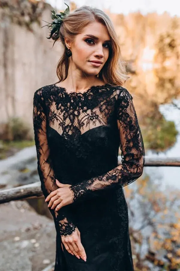 Roycebridal Black Sheath Sweetheart Long Sleeves Lace Wedding Dresses, Bridal Gown, MW997