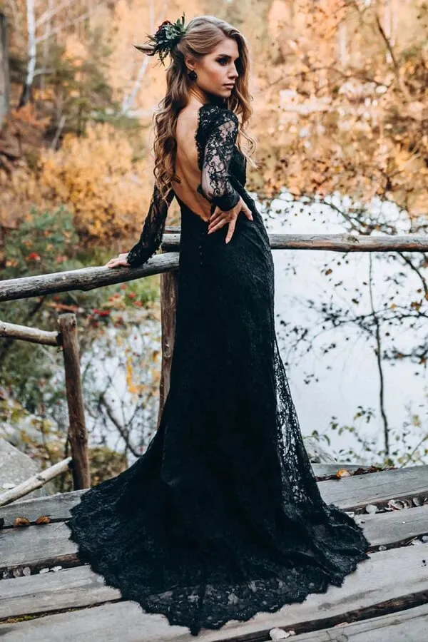 Roycebridal Black Sheath Sweetheart Long Sleeves Lace Wedding Dresses, Bridal Gown, MW997