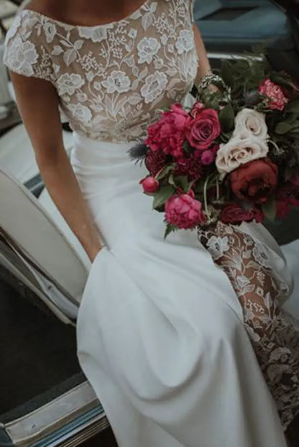 Roycebridal Boho Lace Sheath Bateau Cap Sleeves Wedding Dresses, Bridal Gown, MW646