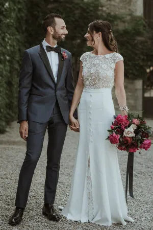 Roycebridal Boho Lace Sheath Bateau Cap Sleeves Wedding Dresses, Bridal Gown, MW646