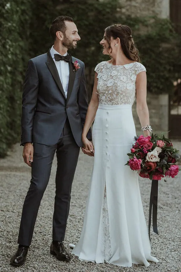 Roycebridal Boho Lace Sheath Bateau Cap Sleeves Wedding Dresses, Bridal Gown, MW646