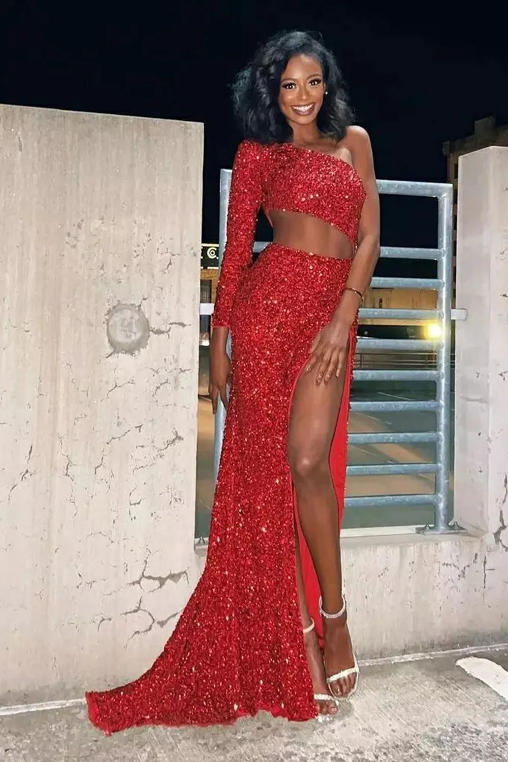 Roycebridal Sheath One Shoulder Red Sequins Long Prom Dress with Silt