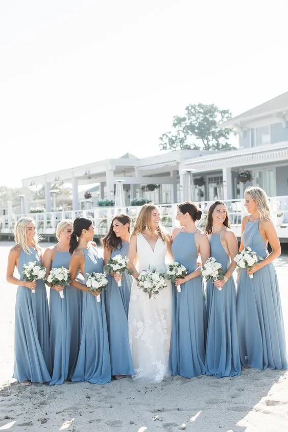 Roycebridal Simple Sheath Ruffles Long Dusty Blue Bridesmaid Dresses under 100