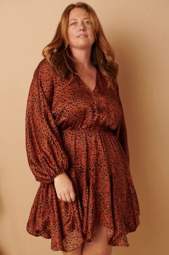 Rust Satin Animal Print Dress with Elastic Waist