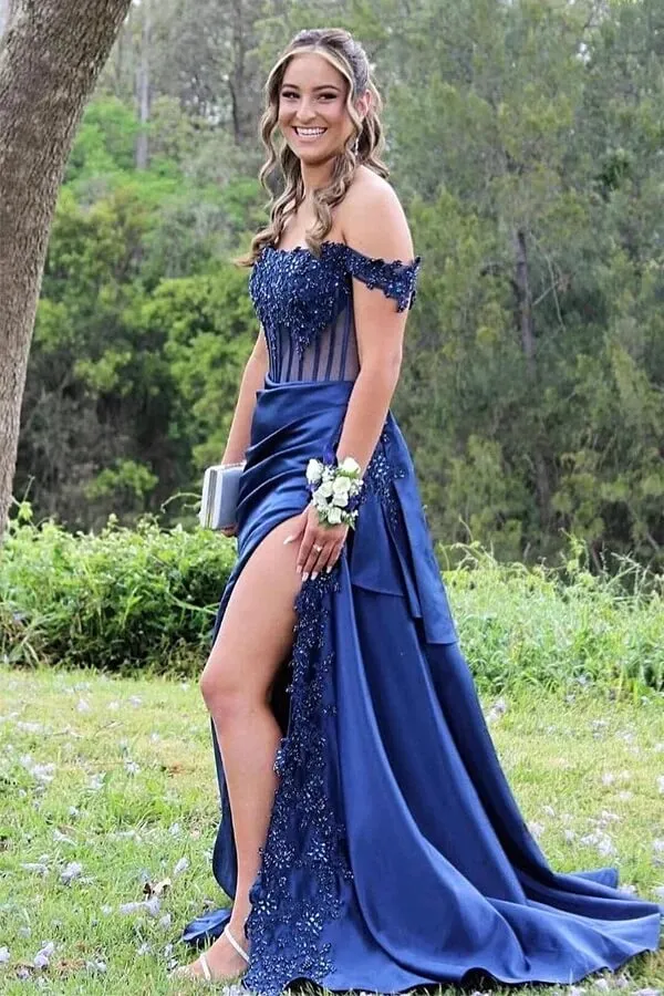 Satin Sheath Off-the-Shoulder Long Prom Dresses With Lace Appliques, MP937