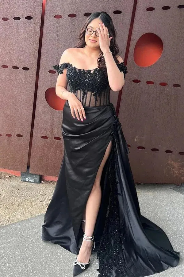 Satin Sheath Off-the-Shoulder Long Prom Dresses With Lace Appliques, MP937