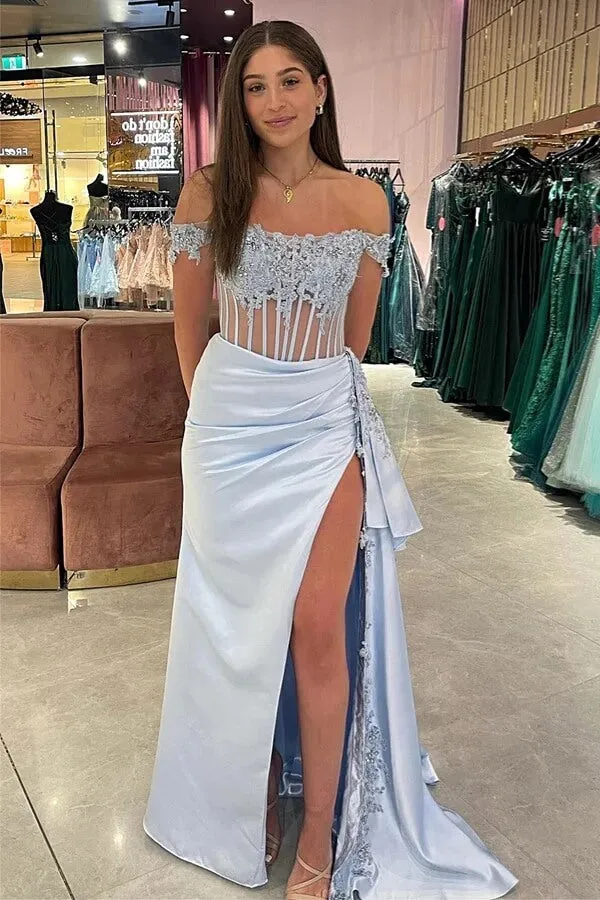 Satin Sheath Off-the-Shoulder Long Prom Dresses With Lace Appliques, MP937