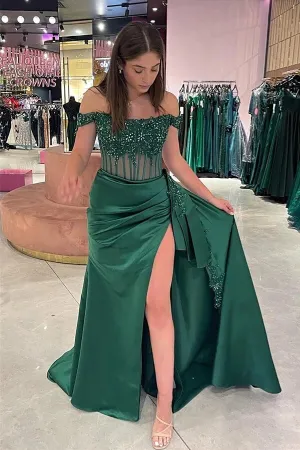 Satin Sheath Off-the-Shoulder Long Prom Dresses With Lace Appliques, MP937