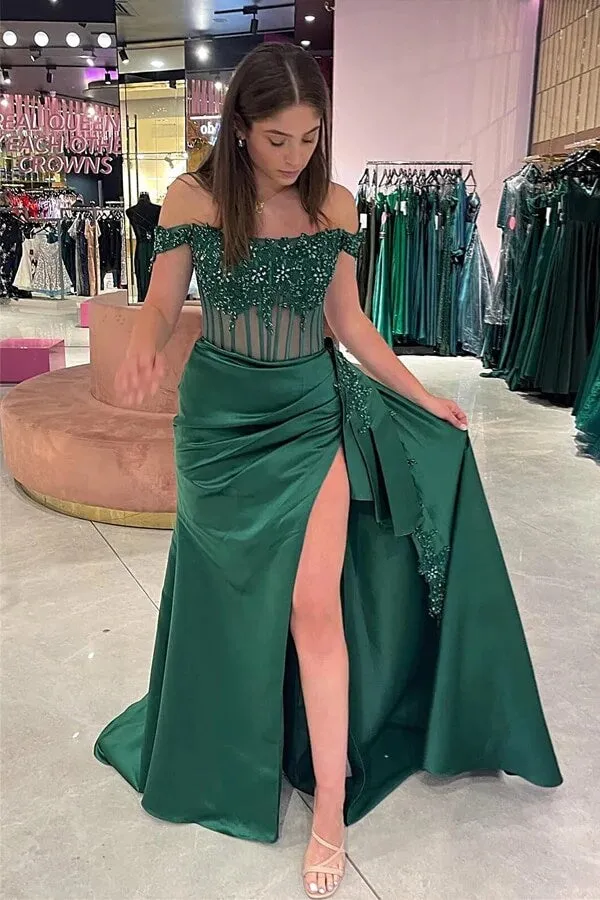 Satin Sheath Off-the-Shoulder Long Prom Dresses With Lace Appliques, MP937