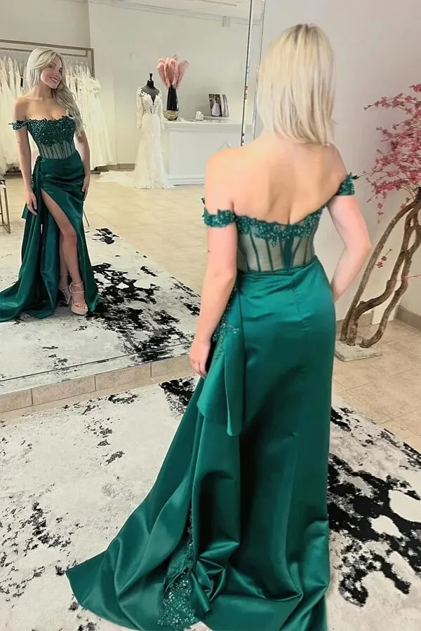 Satin Sheath Off-the-Shoulder Long Prom Dresses With Lace Appliques, MP937