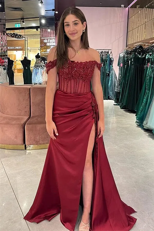 Satin Sheath Off-the-Shoulder Long Prom Dresses With Lace Appliques, MP937