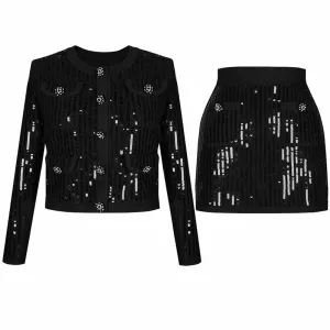 Sequin Knit Cardigan Crop Top   Skirt Suit