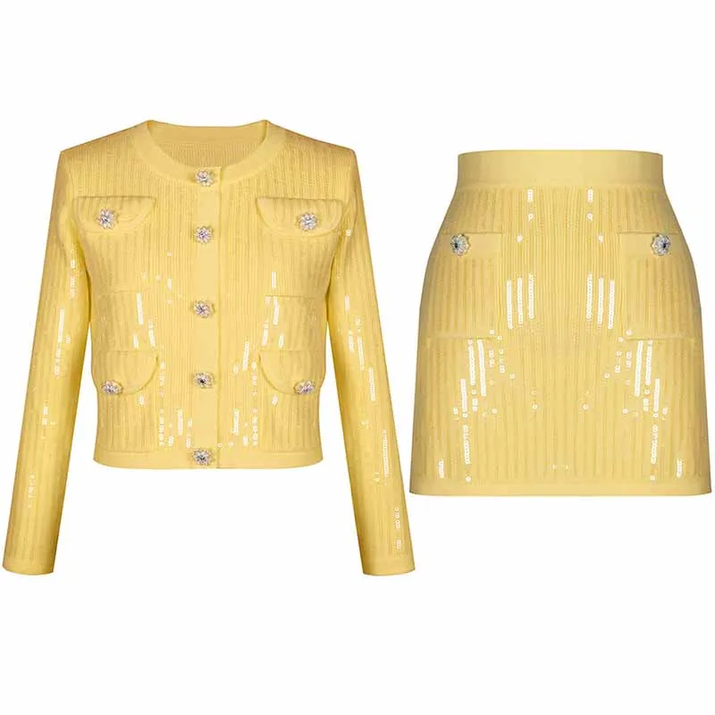 Sequin Knit Cardigan Crop Top   Skirt Suit