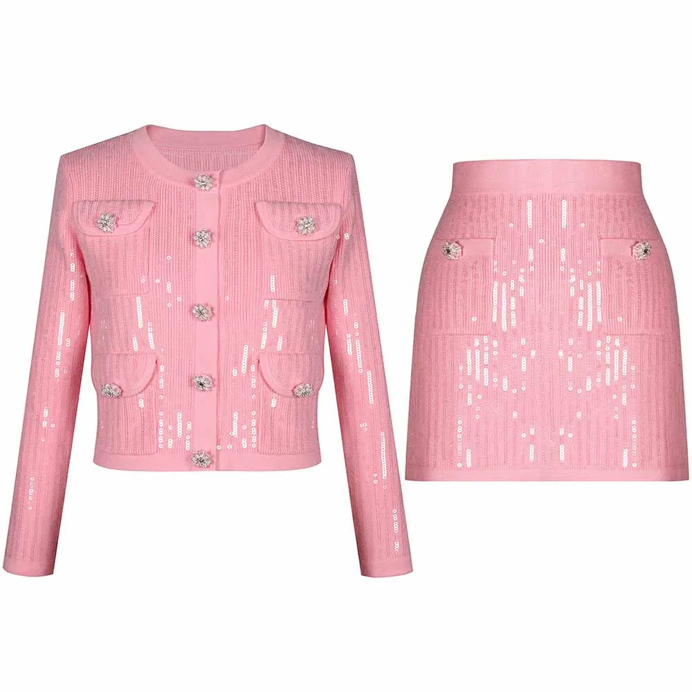 Sequin Knit Cardigan Crop Top   Skirt Suit