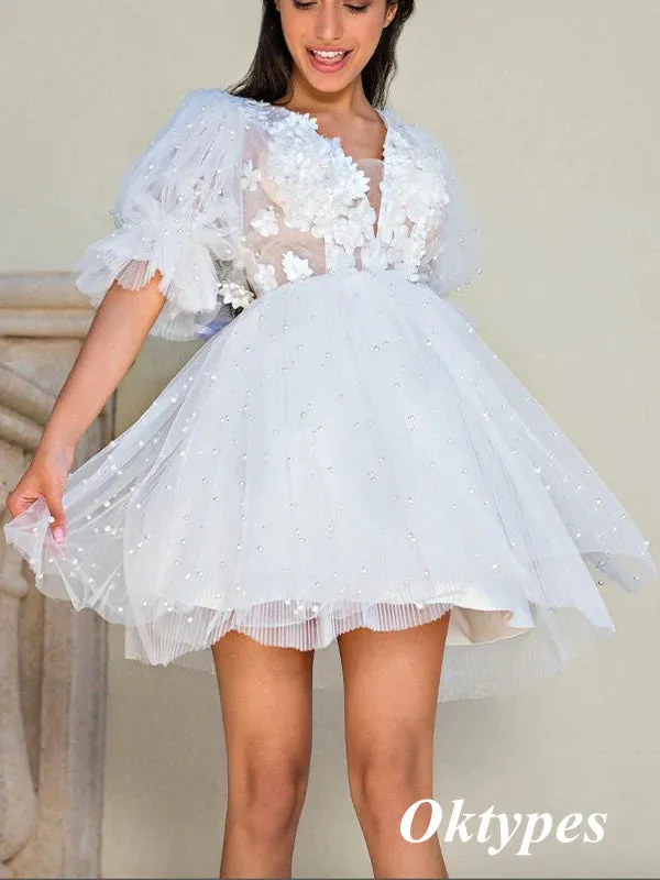 Sexy Tulle V-Neck Half Sleeves Backless A-Line Beach Short Wedding Dresses With Appliques,WDS0140