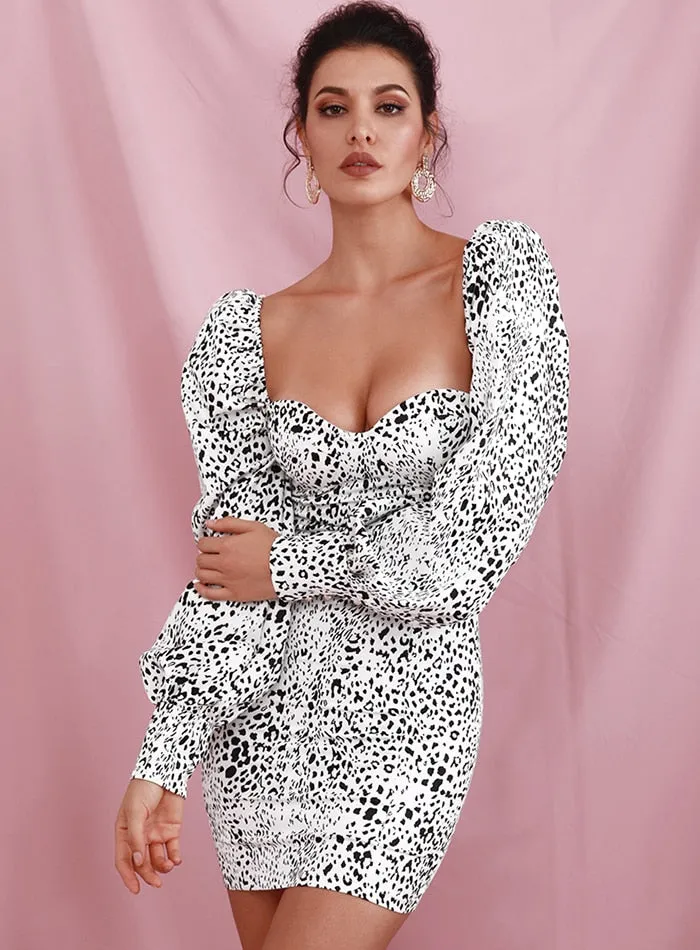 Sexy White Leopard Bubble Party Mini Dress
