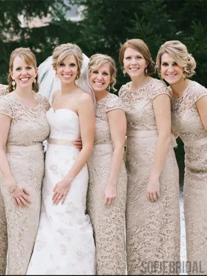 Sheath Full Lace Cap Sleeves Bridesmaid Dresses With Belt, BD1049