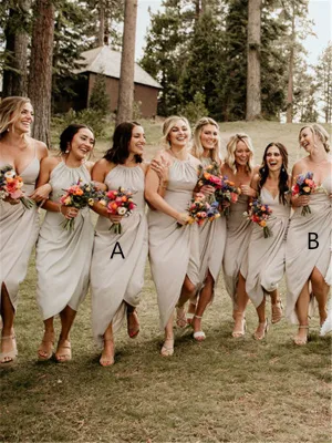 Sheath Halter Spaghetti Straps Pleats Bridesmaid Dresses With Split, BD0633