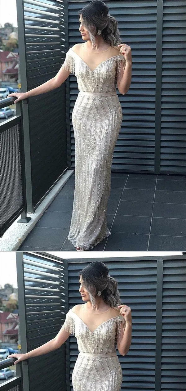 Sheath Illusion Round Neck Silver Tulle Prom Dresses,Cheap Prom Dresses,PDY0490