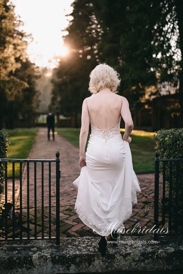 Sheath Lace Bodice Spaghetti Straps Wedding Dresses With Sweep Train, MW750