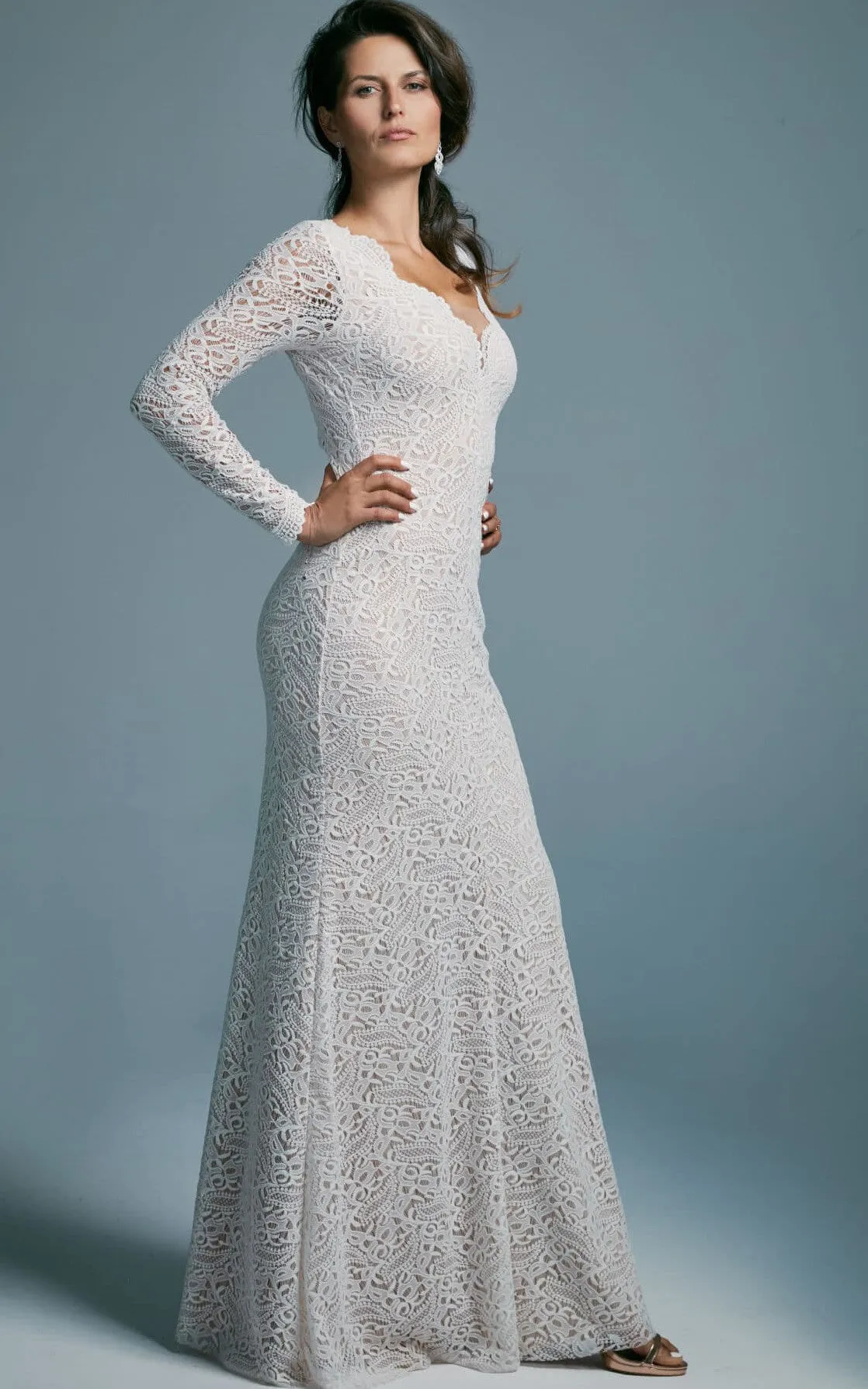 Sheath Lace Elegant V-neck Sheath Wedding Dress With Low-V Back And Illusion Sleeve-716562