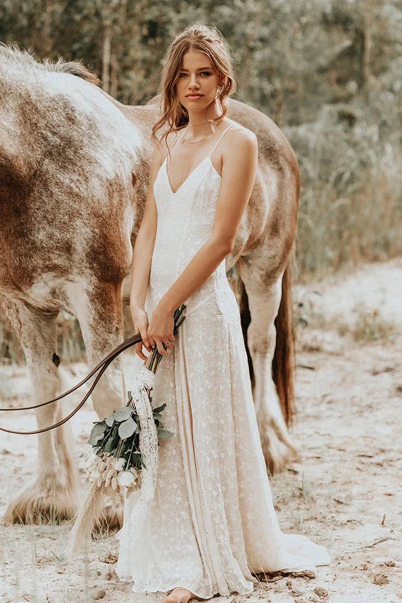 Sheath Lace Spaghetti V-neck Wedding Gown With Open Back-715725