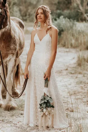 Sheath Lace Spaghetti V-neck Wedding Gown With Open Back-715725