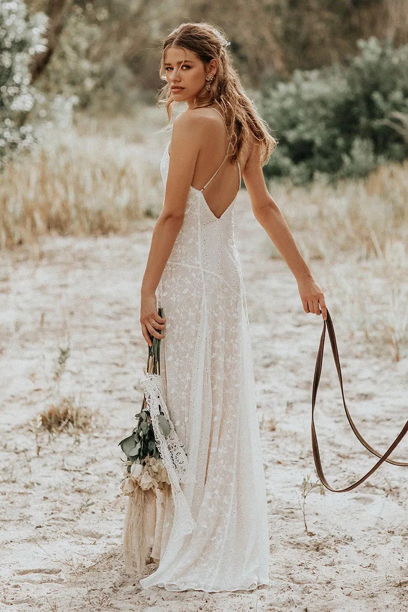 Sheath Lace Spaghetti V-neck Wedding Gown With Open Back-715725