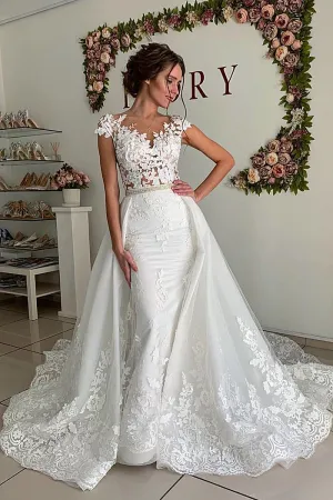 Sheath Portrait Floor Length Tulle Crochet Flower Applique Wedding Dress