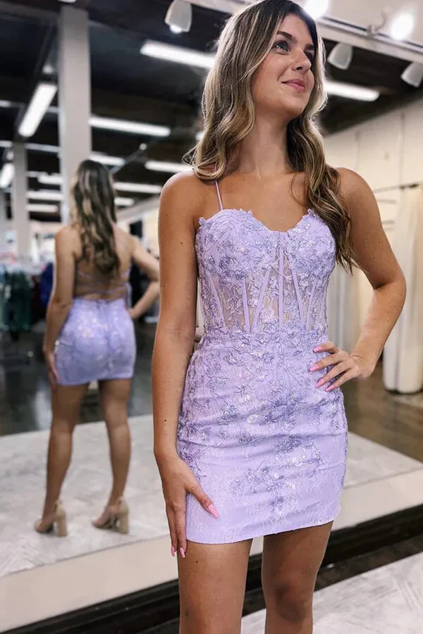 Sheath Spaghetti Straps Lace Appliques Short Homecoming Dresses, MH620